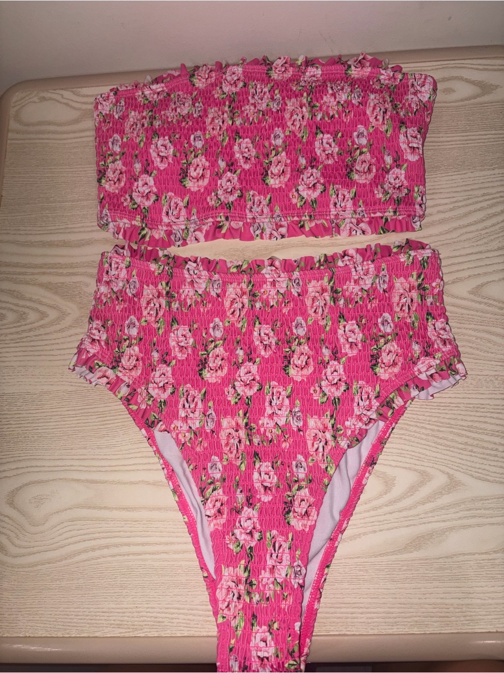 Amazon Hot Pink Floral Smocked Bandeau High-Waist Bikini